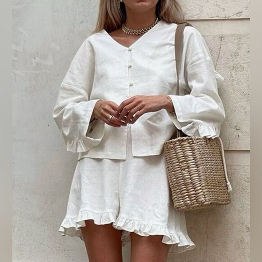 Commense Blouse Shorts Set 100% Cotton Ruffle Detail Two Pieces SZ S NWT